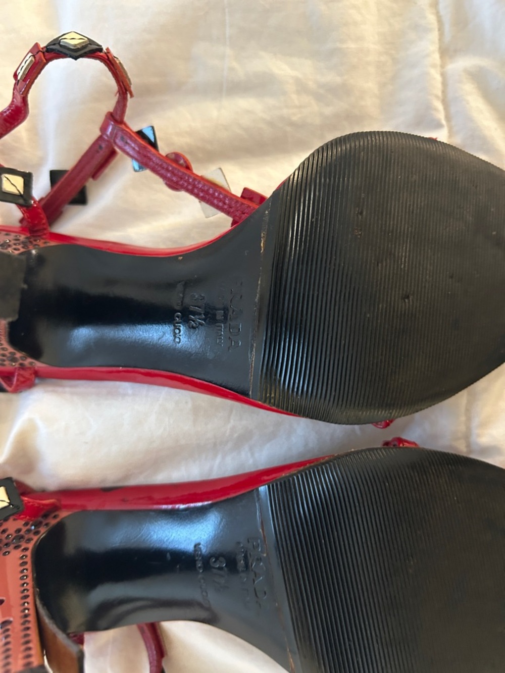 Prada Burgundy Red T-Strap Gem-Embellished Heels. Size 7.5 - Picture 5 of 5